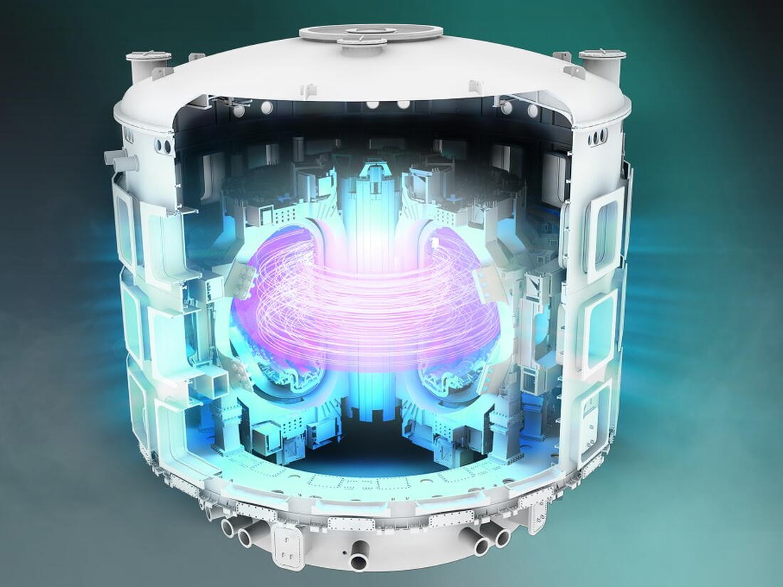 Corte transversal do tokamak ITER mostrando o plasma confinado no interior da câmara toroidal. Crédito: © ITER Organization.